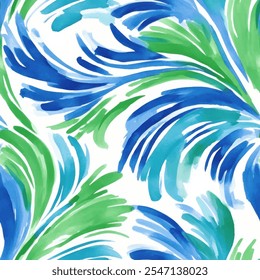 Cute blue and green leave seamless watercolor pattern on white background. Flower vector illustration. Watercolor print in rustic vintage style, textile or wallpapers.