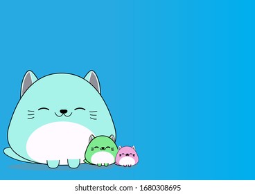 Cute blue green pink baby Cat hand drawing cartoon on sky blue color background for sticker, notepad, template, calendar, illustration, schedule, diary, reminder concept.