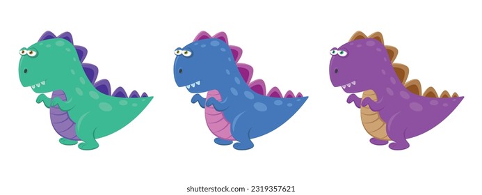 Cute blue, green and pink little dinosaurs. Cartoon flat vector illustration isolated on white background. Print for textiles, clothes, t-shirts, wrapping paper and more.