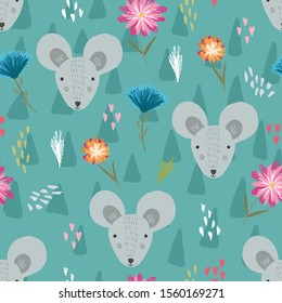 Cute blue green seamless pattern with cartoon gray mice heads, pink hearts and childish flowers. Funny hand drawn rats texture for kids design, wallpaper, textile, wrapping paper