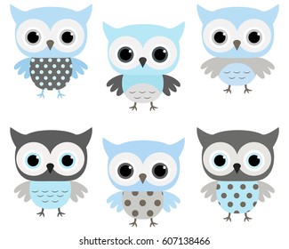 Cute blue and grey vector owls set for baby showers, birthdays, invites, greeting cards and nursery decor