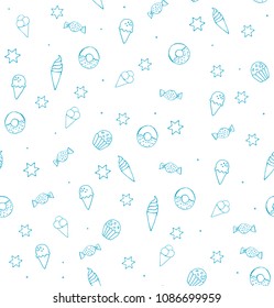 Cute Blue Hand Drawn Sweets Vector Pattern. Candies, Ice Creams, Muffins, Donuts. White Background. Hearts and Stars. Blue and White Infantile Style Vector Design.Funny Sketched Sweets Repeatable Art.