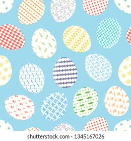 Cute blue Happy Easter seamless pattern with white decorated eggs. Bright ornamental eggs texture for Easters package, gift wrapping paper, textile, covers, background