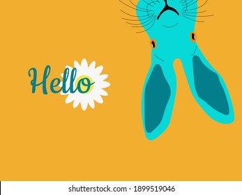 Cute blue hare with big ears on a postcard for Easter Day. Vector illustration.