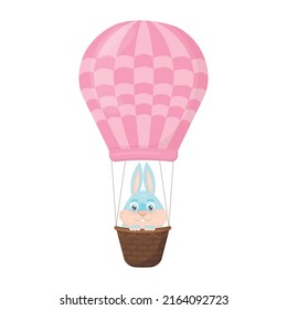 Cute blue hare enjoys a hot air balloon ride in a flat cartoon style