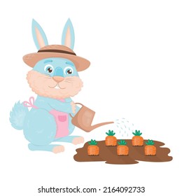 Jardinero de liebre azul en un sombrero de paja y agua de delantal una cama de zanahoria de una lata de agua en un estilo de dibujo plano