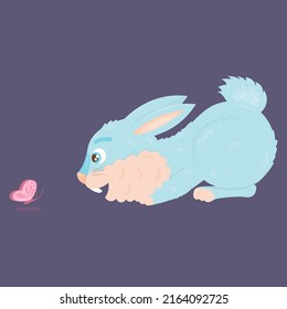 Cute blue hare looks at a small pink butterfly in a flat cartoon style