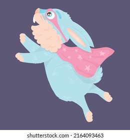 Cute blue hare superhero in mask and cape flying in flat cartoon style