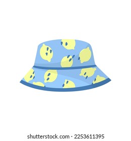 Cute sombrero azul con limones para la ilustración vectorial infantil. Dibujo de dibujos animados de accesorios coloridos para bebés o niños aislados de fondo blanco. Verano, moda, concepto infantil