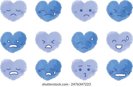 Cute blue heart icon set with various expressions negative