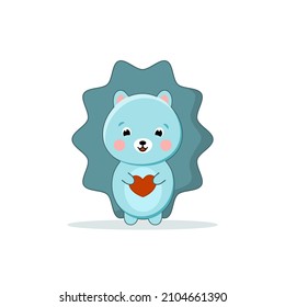 Cute blue hedgehog with a red heart in the legs in the kawaii style. Vector illustration on a white, isolated background