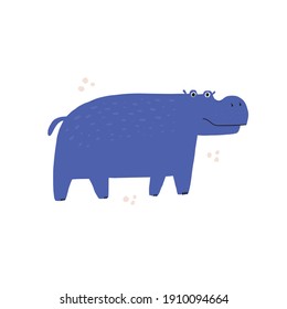 Cute blue hippo hand drawn vector illustration. Adorable tropical animal cartoon character. Funny hippopotamus, friendly behemoth isolated on white background. Childish t shirt print design