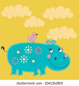 cute blue hippo patch with flowers and bird and clouds background