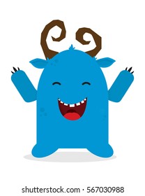 Cute blue horned monster. Vector illustration, flat design.