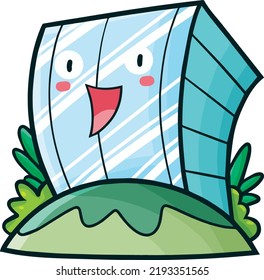 Cute blue hotel cartoon character laughing