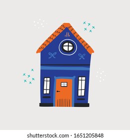 Cute blue house building flat vector illustration