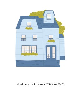 Cute blue house, home in village or town neighborhood vector illustration. Cartoon summer funny house building cottage with roof door windows and green plants isolated on white