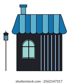 Cute blue house with lamp. Simple home sweet home vintage style