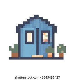 Cute blue house vector design with potted plants in a simple, minimalistic style suitable for various creative projects