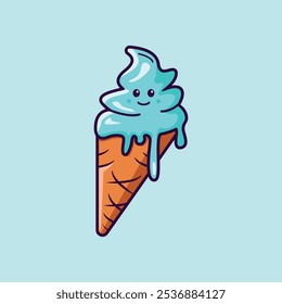 Cute blue ice cream cartoon vector illustration with smiley face isolated on light blue background