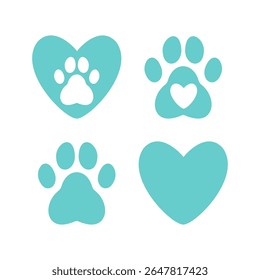 Cute blue icon collection with paw prints and heart shapes – ideal for animal lovers, rescue graphics, pet shop branding, or minimalist animal-themed projects.