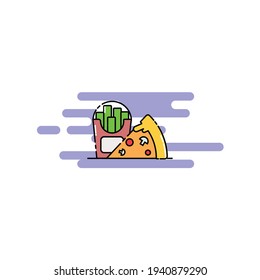 Cute blue Illustration of pizza and french fries. modern simple food vector icon, flat graphic symbol in trendy flat design style.