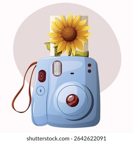 Cute Blue Instant Camera with Sunflower Photo - Cheerful Floral Retro Travel Vector art