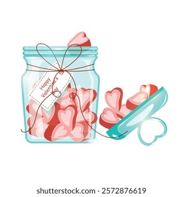 Cute blue jar full of candy hearts - Happy Valentine's Day - Vector Illustration