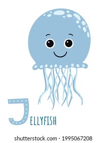 Cute blue jellyfish. Cartoon style. Vector isolated on white background.