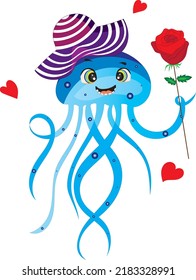 Cute blue jellyfish with hat and red rose.Cartoon style hand drawn vector illustration.