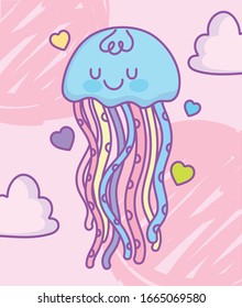 cute blue jellyfish hearts love clouds decoration vector illustration