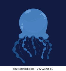 Cute blue jellyfish illustration on dark blue background. Vector sea style. For sea decor, cartoon characters, books.