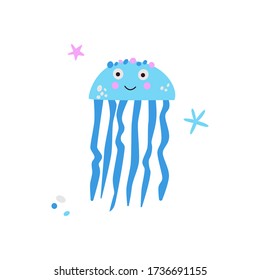 Cute blue jellyfish on isolated white background. Kawaii baby medusa swimming in the ocean vector illustration in flat style with little decor stars and bubbles