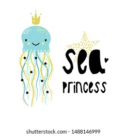 Cute blue jellyfish. Sea princess Vector childish illustration isolated on white background. Marine theme. Print on postcard, poster, clothes.