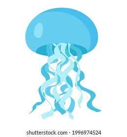 Cute blue jellyfish, vector illustration. Underwater animal, swimming marine creatures. Cartoon and flat style illustration. Sea and ocean life. 