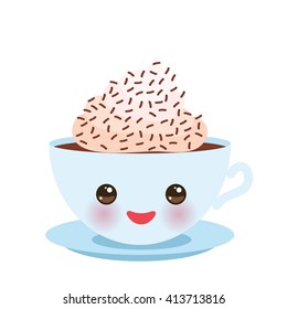 Cute blue Kawai cup, coffee with cream and chocolate sprinkls isolated on white background. Vector