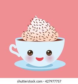 Cute blue Kawai cup with pink cheeks and eyes, coffee with cream and chocolate sprinkls on pink background. Vector