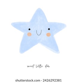 Cute Blue Kawaii Star. Lovely Hand Drawn Vector Illustration with Happy Smiling Star on a White Background. Childish Drawing-like Nursery Art Perfect for Card, Wall Art, Kids' Room Decoration. RGB. 