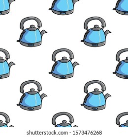 Cute Blue Kettle Cartoon Seamless Vector Pattern. Hand Drawn Electric Appliance Ceramic Kitchen Tile. All Over Print For Hot Drink Blog, Kitchenware Graphic, Household Home Decor. 