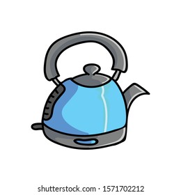  Cute Blue Kettle Cartoon Vector Illustration. Hand Drawn Hot Drink Element Clip Art for Kitchen Concept. Breakfast Graphic, Drink and Machine Web Buttons. Appliance Motif Illustration Flat Color. 