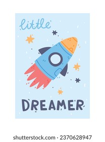 Cute Blue Kids Poster with Rocket as Nursery Print Design Vector Illustration