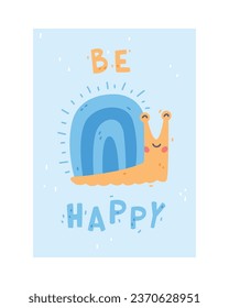 Cute Blue Kids Poster with Snail as Nursery Print Design Vector Illustration