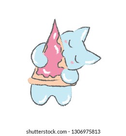 Cute blue kitten eating pink pizza. Ragged contour. Vector