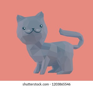 Cute Blue Kitten Isolated on Red Background Low Poly 3D Vector Rendering