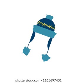 Cute blue knitted hat with earflaps with abstract christmas print icon. Cold weather, winter outdoor leisure activity cloth with traditional ornament. Vector isolated illustration.