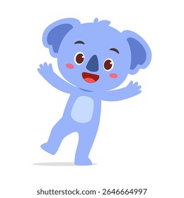 Personagem de desenho animado Koala azul bonito de pé em duas pernas e acenando suas mãos alegremente