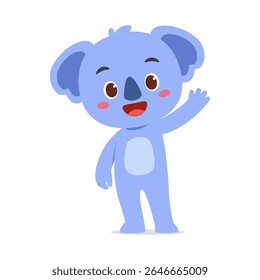 Coala azul bonito acenando sua pata alegremente e de pé na ilustração de fundo branco isolado
