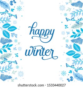 Cute blue leaf flower frame, for design greeting card happy winter. Vector