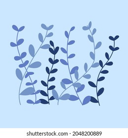 Cute blue leaf vines doodled on square blue background