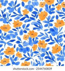 Lindo patrón de acuarela transparente floral de hojas azules y naranjas sobre fondo blanco. Ilustración vectorial de flores. Impresión de acuarela en estilo rústico vintage, textil o Fondos de pantalla.